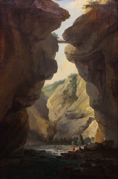 Brücke und Schluchten des Dala-Flusses in Leukerbad, Blick auf den Berg von Caspar Wolf